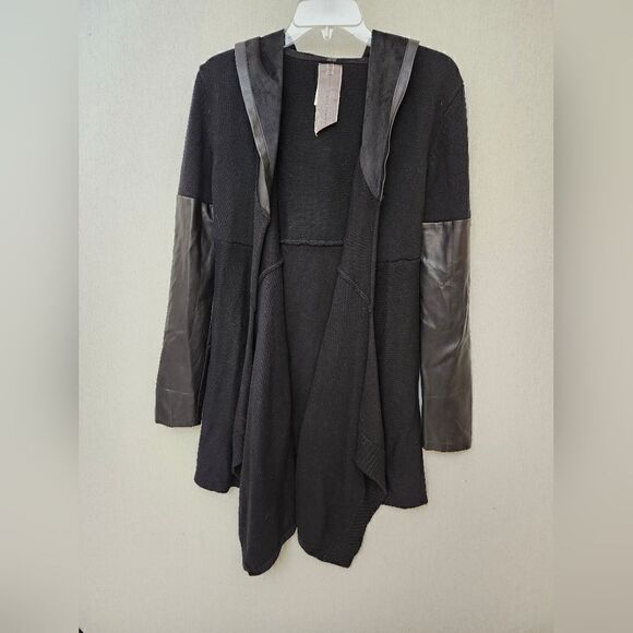 Moon Collection- Black‎ Faux Leather Trim Long Hoodie Jacket md - Picture 7 of 10